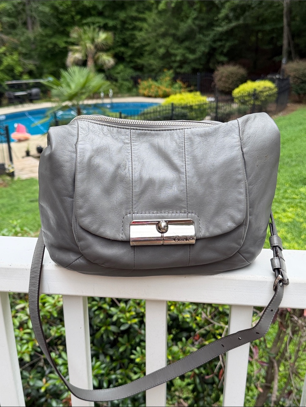 Coach Kristen Gray Leather Shoulder Bag with Polished Silver Turnlock XB Strap - Picture 7 of 17